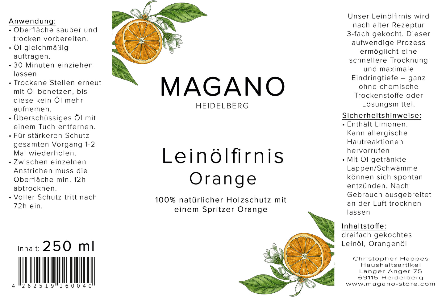 MAGANO Leinölfirnis Orange Etikett – natürlicher Holzschutz mit Orangenöl, ohne chemische Trockenstoffe, Heidelberg