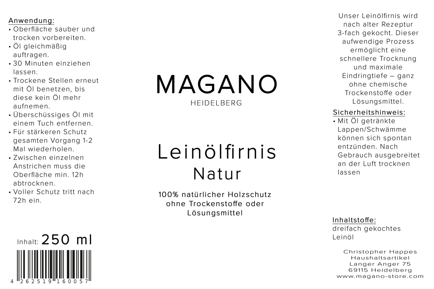 MAGANO Leinölfirnis Natur Etikett – 100% natürlicher Holzschutz ohne Trockenstoffe, handgemacht in Heidelberg
