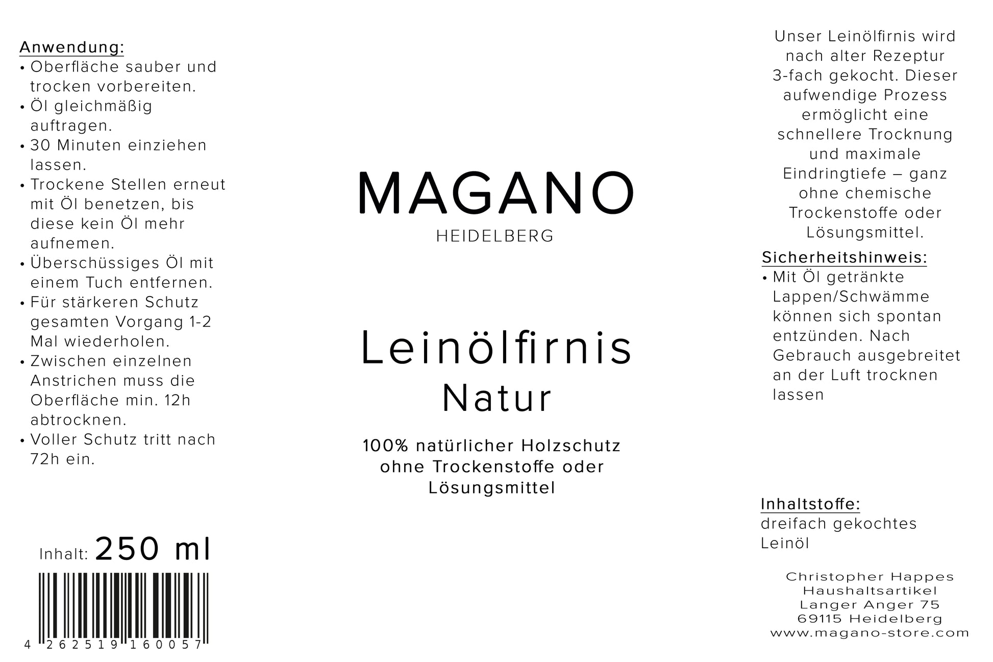 MAGANO Leinölfirnis Natur Etikett – 100% natürlicher Holzschutz ohne Trockenstoffe, handgemacht in Heidelberg