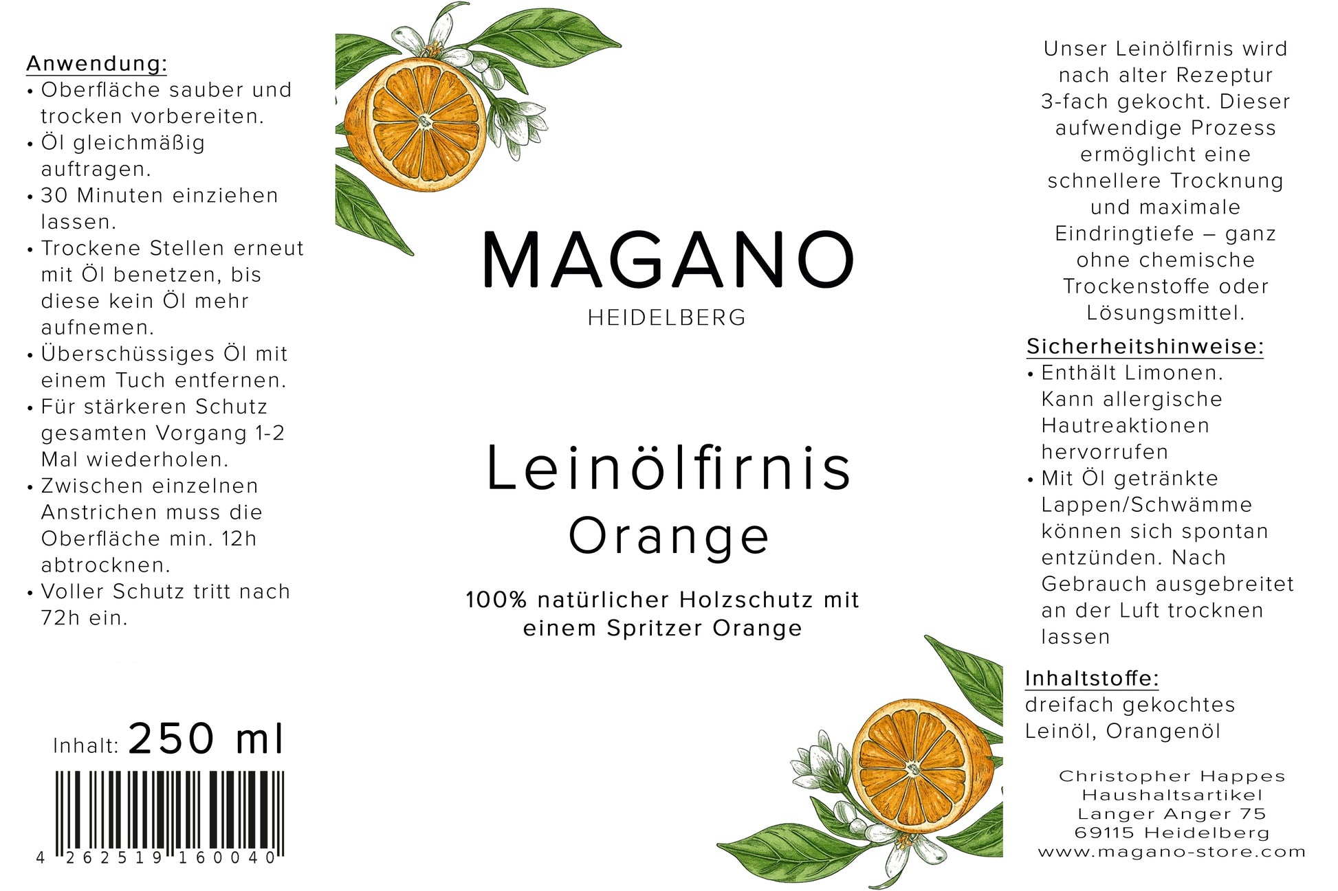 MAGANO Leinölfirnis Orange Etikett – natürlicher Holzschutz mit Orangenöl, ohne chemische Trockenstoffe, Heidelberg