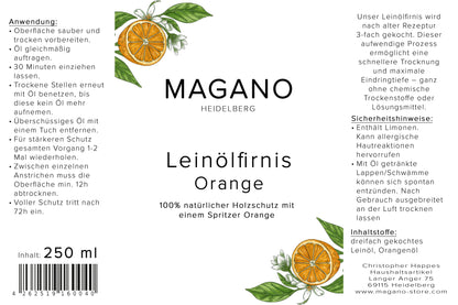 MAGANO Leinölfirnis Orange Etikett – natürlicher Holzschutz mit Orangenöl, ohne chemische Trockenstoffe, Heidelberg